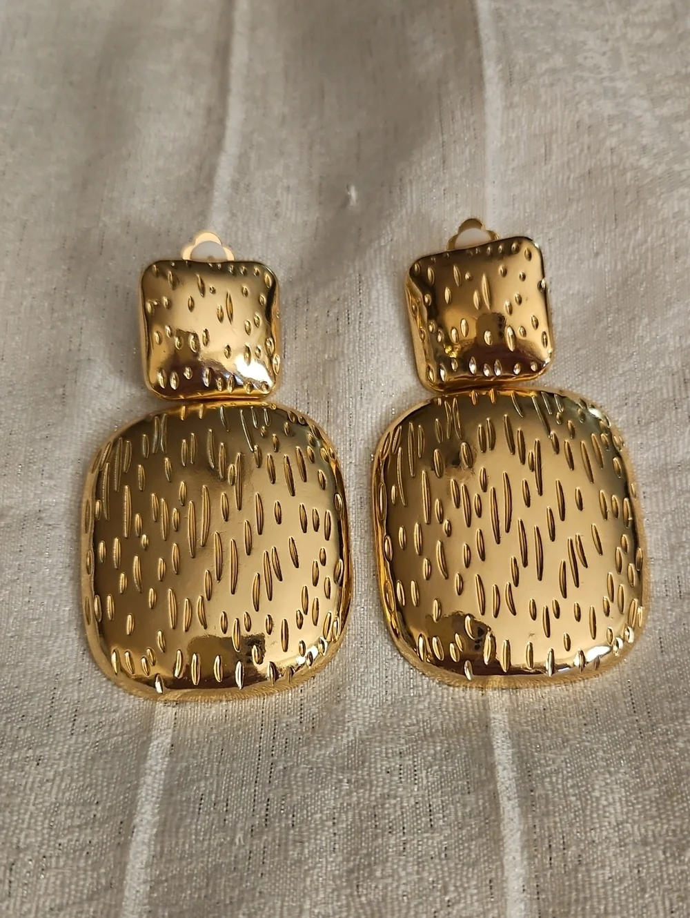 3/$30 Goldtone Textured Double Square Clip-on Drop Earrings